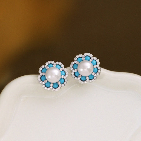 Flower Turquoise Pearl Stud Earrings